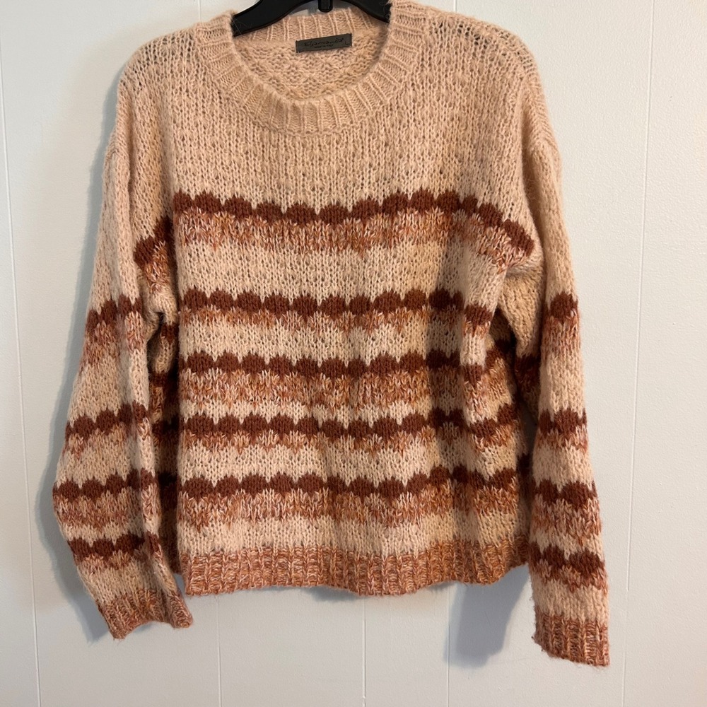 Elsamanda Italy Chunky‎ Knit Chevron Stripe Sweater Brown Tan Cream Womens Large